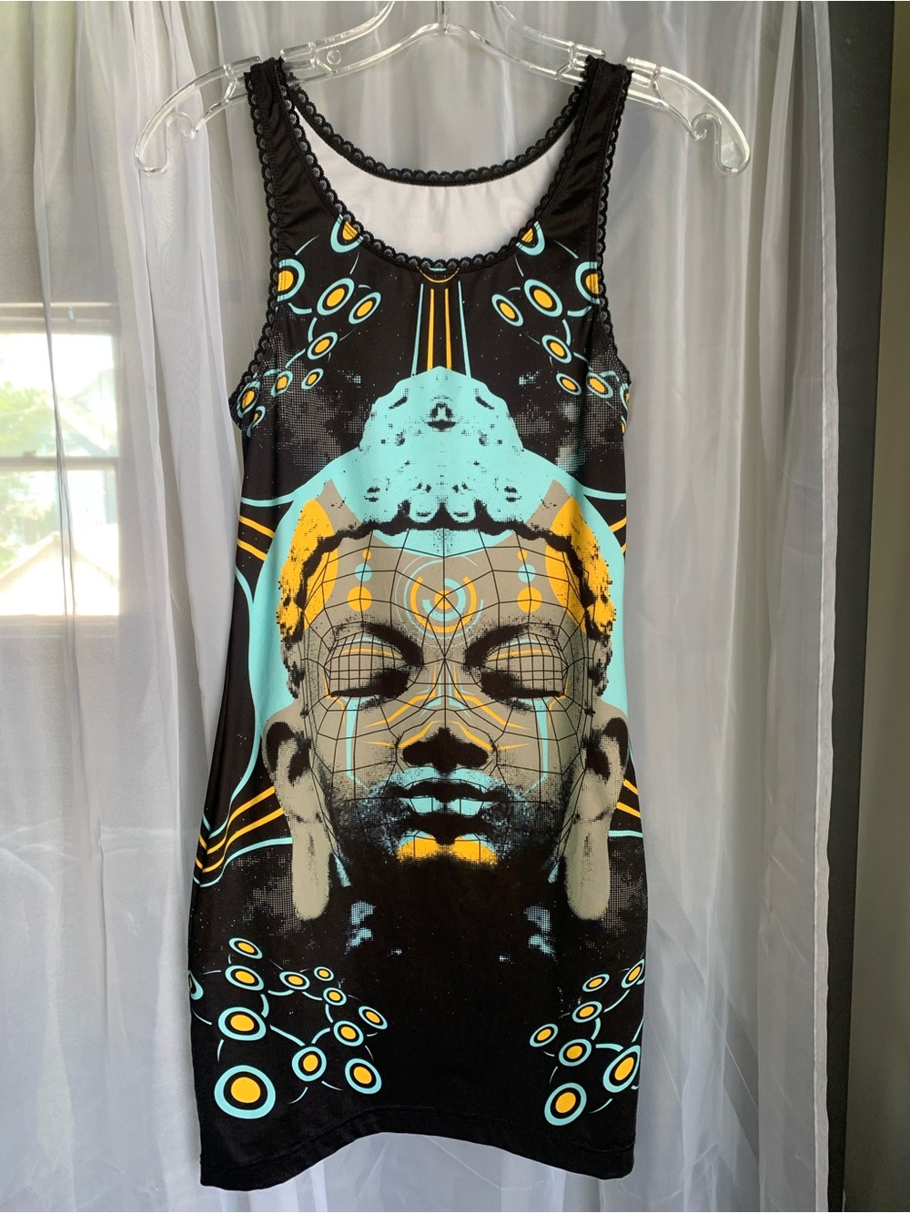 Sleeveless Black Mini Dress with Turquoise & Yellow Graphic